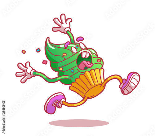 Running cupcake in panic – funny cartoon illustration. Modern flat style thin line vector illustration isolated on white background.