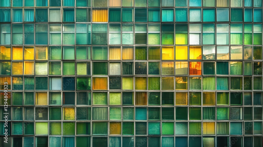 Fototapeta premium Colorful glass building facade with multicolored window panels in urban setting