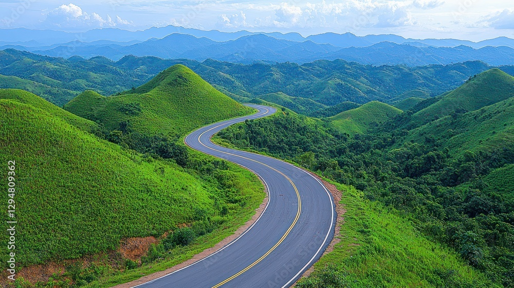 Fototapeta premium Winding road through green hills, mountain backdrop, travel poster