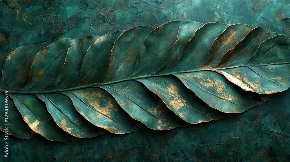 Fototapeta premium Stunning artistic leaf with gold accents on textured green background