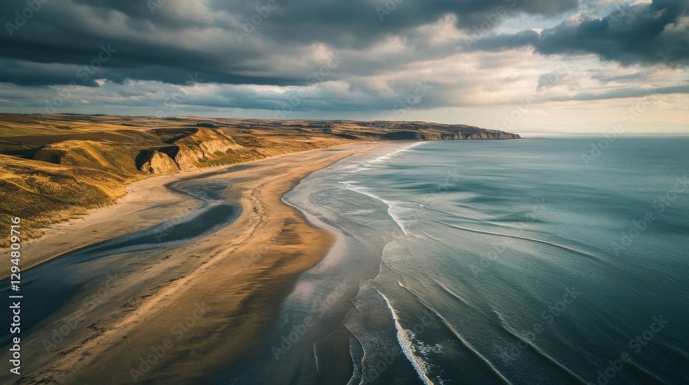 Aerial View Of Dramatic Coastal Landscape With Dark Clouds And Golden Hour Light Aerial View Of Dramatic Coastal Landscape With Dark Clouds And Golden Hour Light