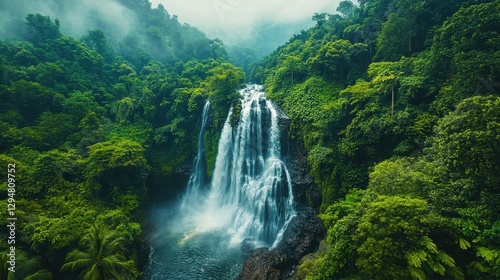 Majestic waterfall in lush tropical rainforest with misty atmosphere