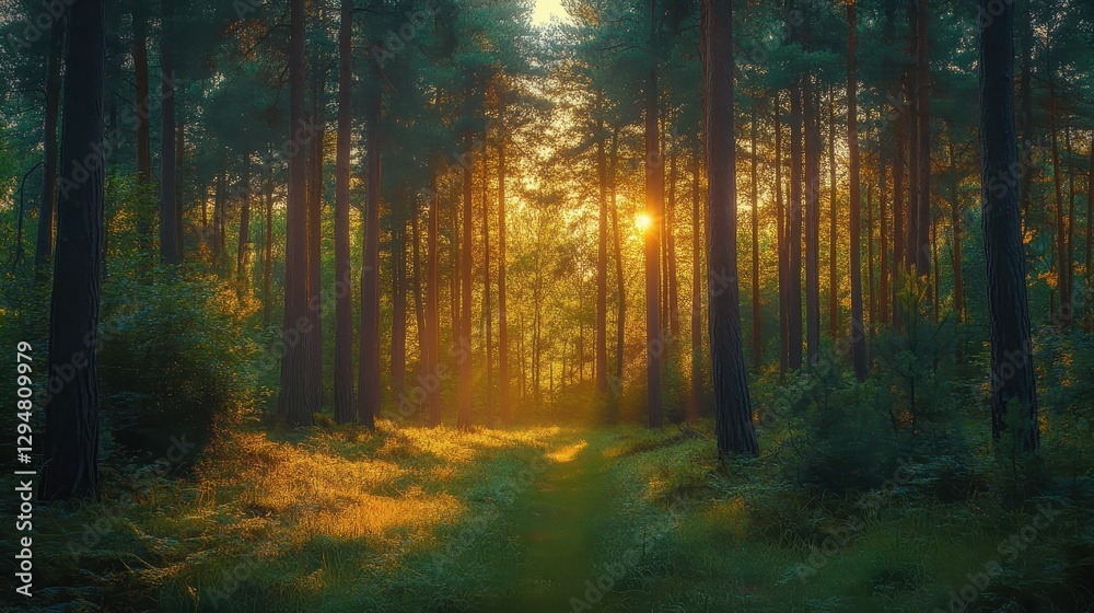 Sunlit forest path with tall trees and vibrant greenery