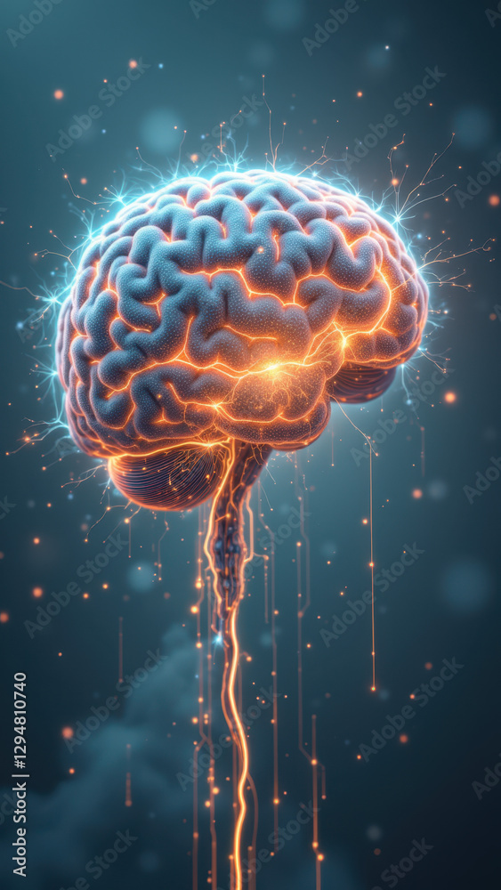 Fototapeta premium An artistic representation featuring a three-dimensional brain with colorful elements and abstract design, symbolizing artificial general intelligence or AGI.