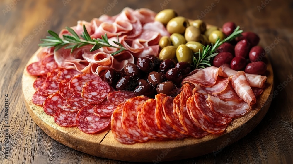 Obraz premium Wooden board, charcuterie, olives, rosemary, appetizer, food, delicious, table, background, party