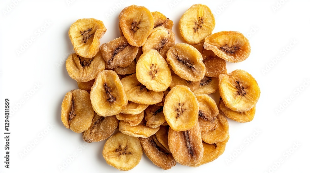 Crispy dried banana chips, isolated on a white background with a full depth of field. Top-down flat lay arrangement. Crispy dried banana chips, isolated on a white background with a full depth of field. Top-down flat lay arrangement.
