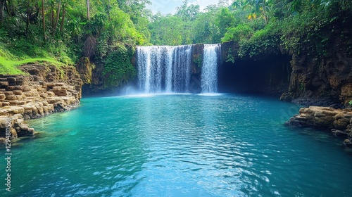 Serene tropical waterfall cascading into turquoise pool amidst lush greenery