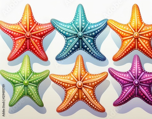 Colorful starfish in different poses marine life art 