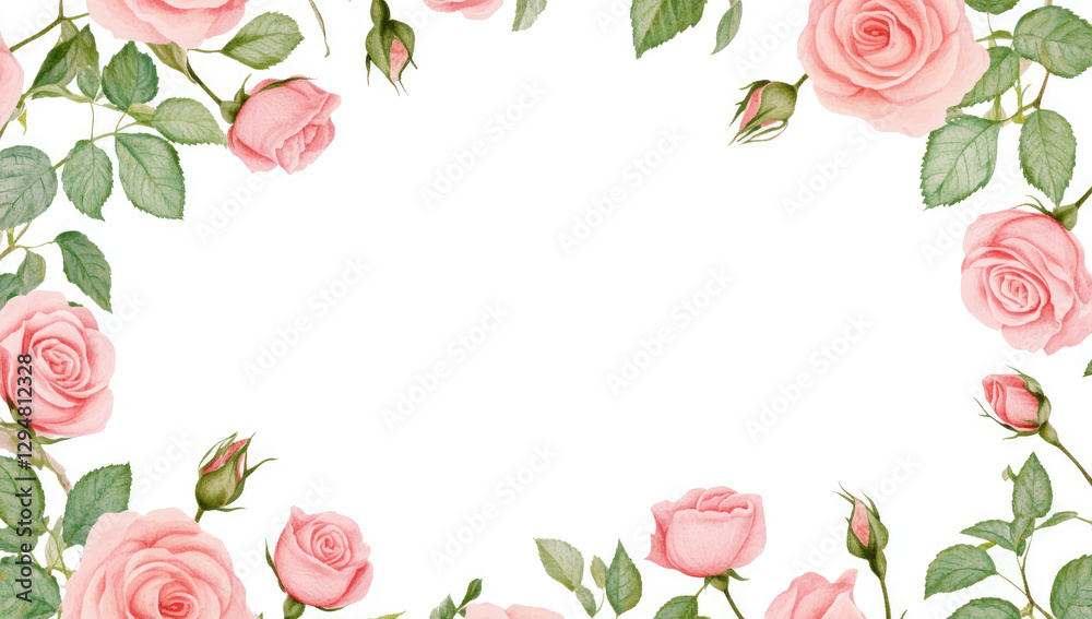 A decorative border of pink roses and green leaves, ideal for invitations or stationery. A decorative border of pink roses and green leaves, ideal for invitations or stationery.