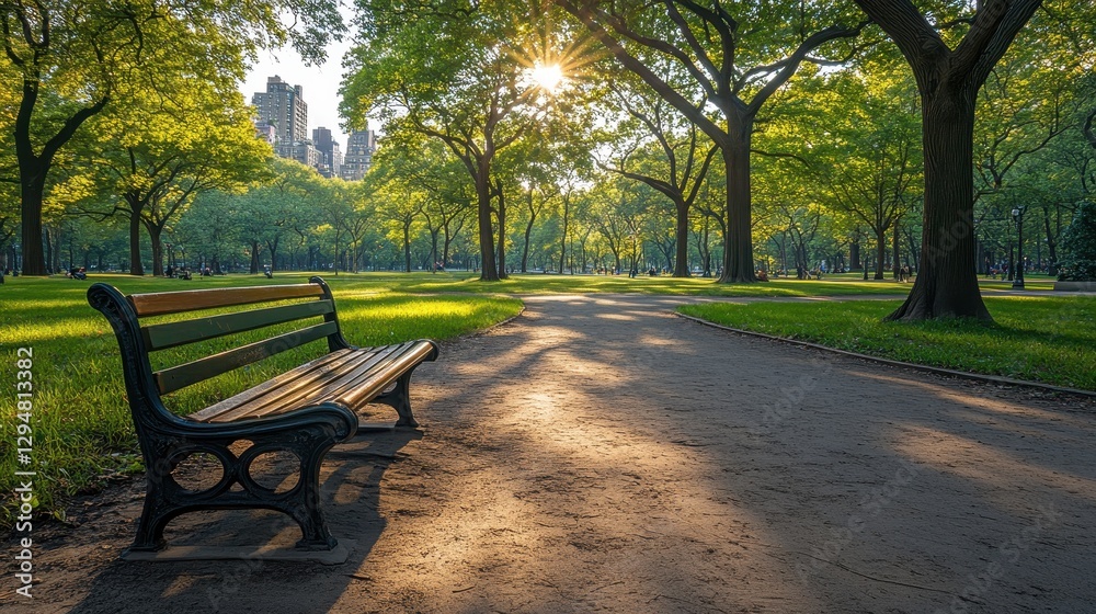 Central park serenity: sunlit pathway and empty bench amidst greenery Central park serenity: sunlit pathway and empty bench amidst greenery