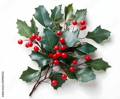 Bright red berries and green holly leaves create a festive arrangement for seasonal celebrations and holiday decorations