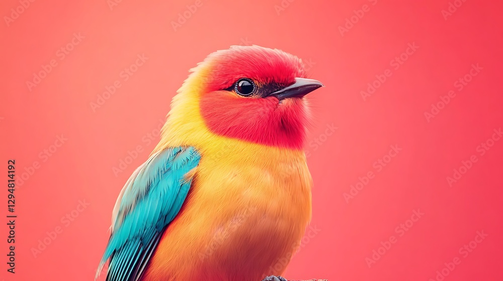 Fototapeta premium Brilliantly colored birds perched on a scarlet backdrop