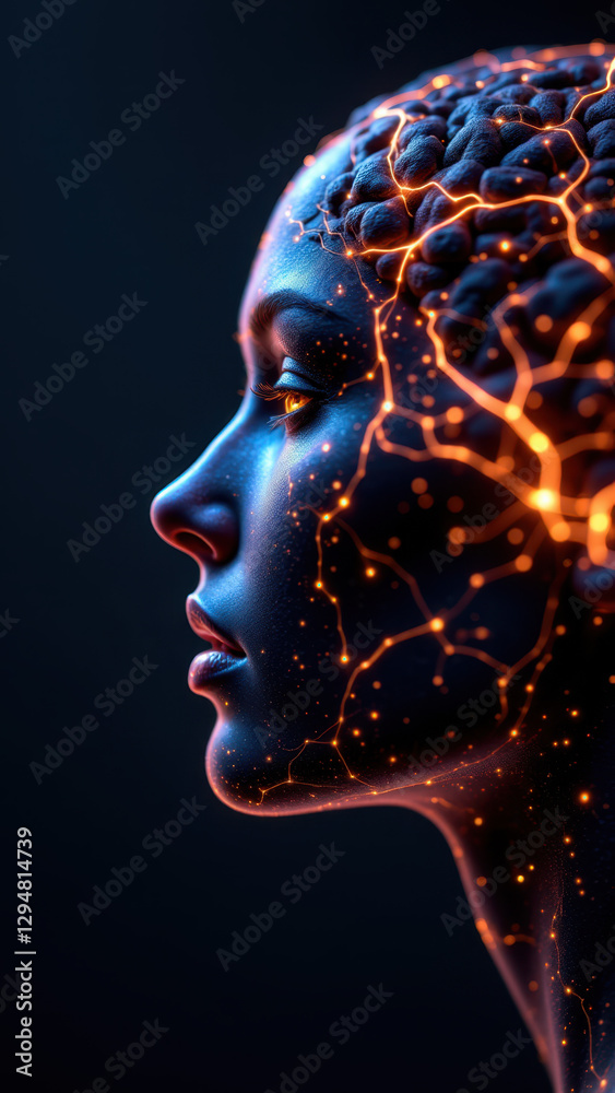 Image features a female character with an artificial brain composed of glowing circuitry within her head, representing advanced AI technology and concepts of AGI or Artificial General Intelligence. Image features a female character with an artificial brain composed of glowing circuitry within her head, representing advanced AI technology and concepts of AGI or Artificial General Intelligence.