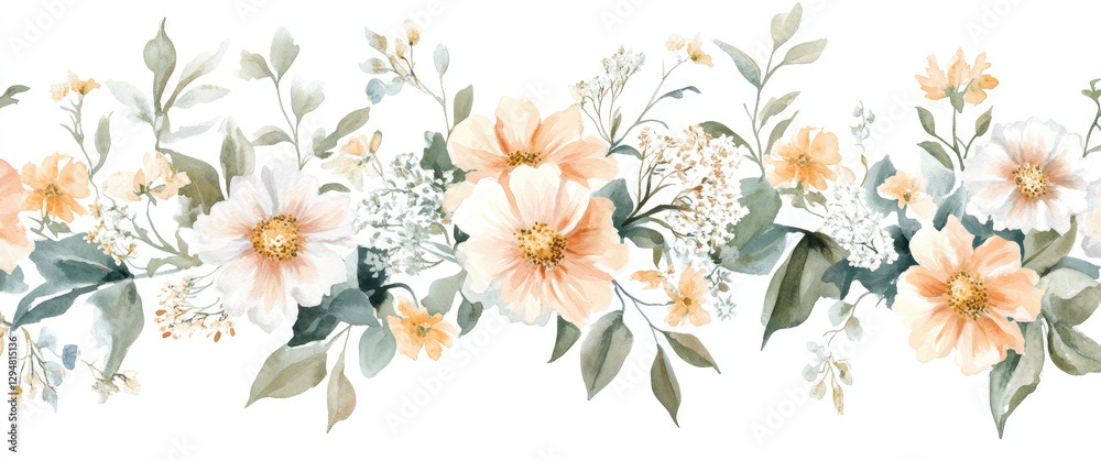 Fototapeta premium A delicate floral design featuring soft pastel flowers and greenery.
