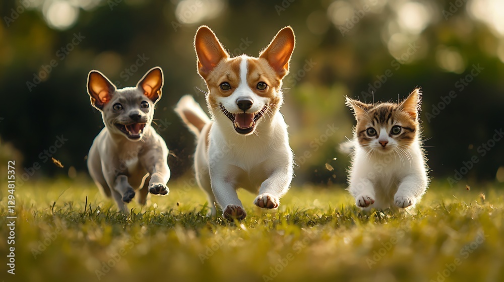 Cheerful dog and cat bonding in sunny garden picture Cheerful dog and cat bonding in sunny garden picture