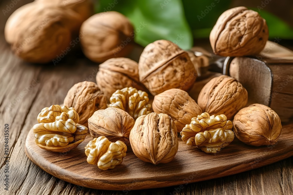 Closeup of Walnuts on Wooden Board, Cracked Walnuts, Healthy Food, Nutcracker Closeup of Walnuts on Wooden Board, Cracked Walnuts, Healthy Food, Nutcracker
