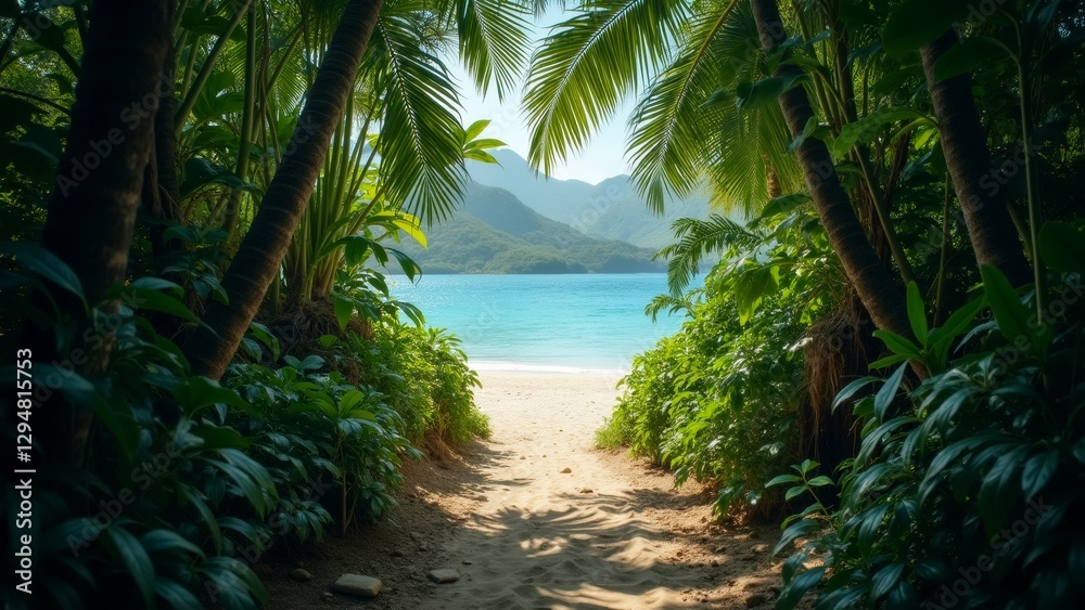 Obraz premium beautiful landscape tropical beach sky blue water deep turquoise color beach surrounded lush greenery tall palm trees tropical plants either side distance mountain range snow capped peaks sun shining