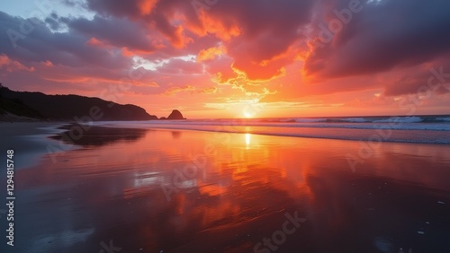 beautiful landscape photograph sunset over beach sky filled vibrant orange red hues sun setting background sun partially hidden behind clouds casting warm glow over horizon water calm reflects colors