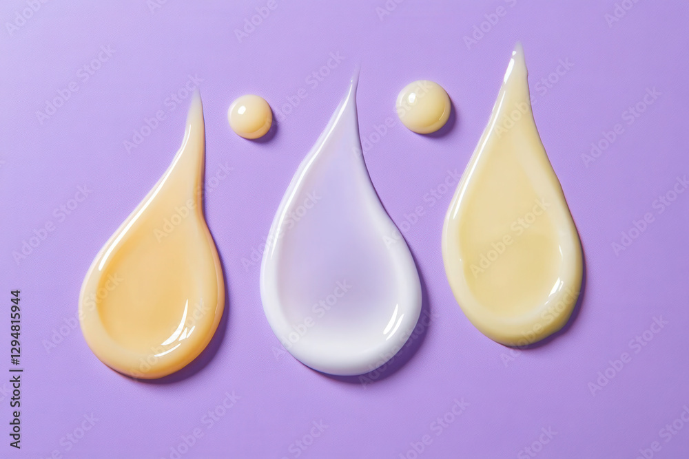 Cream and gel samples on violet background, top view
