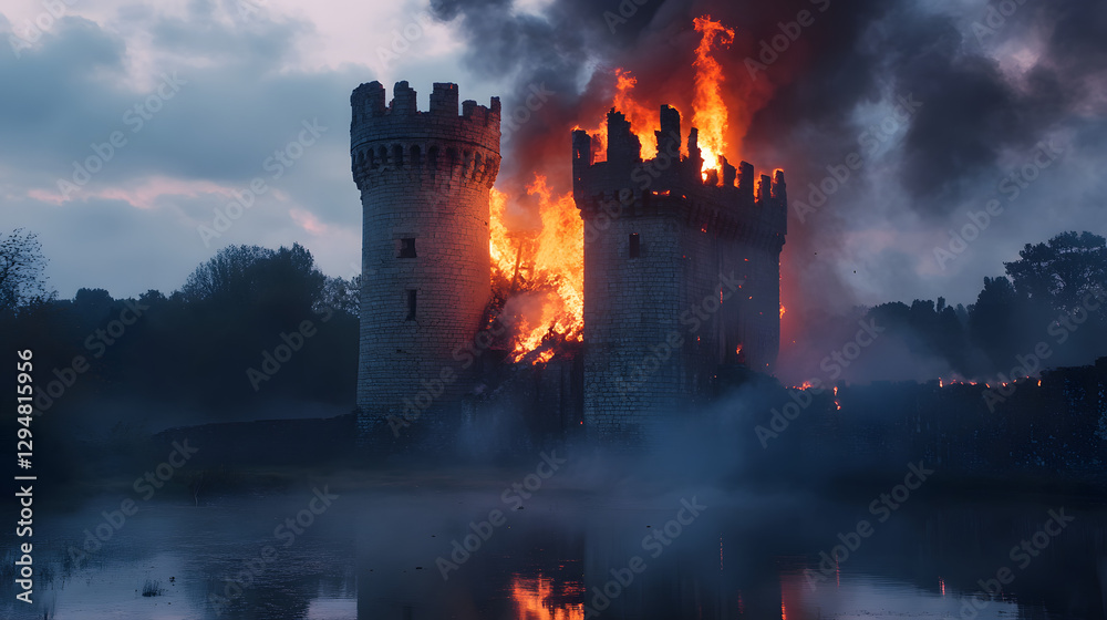 Fototapeta premium A burning castle tower collapsing into a moat at twilight.