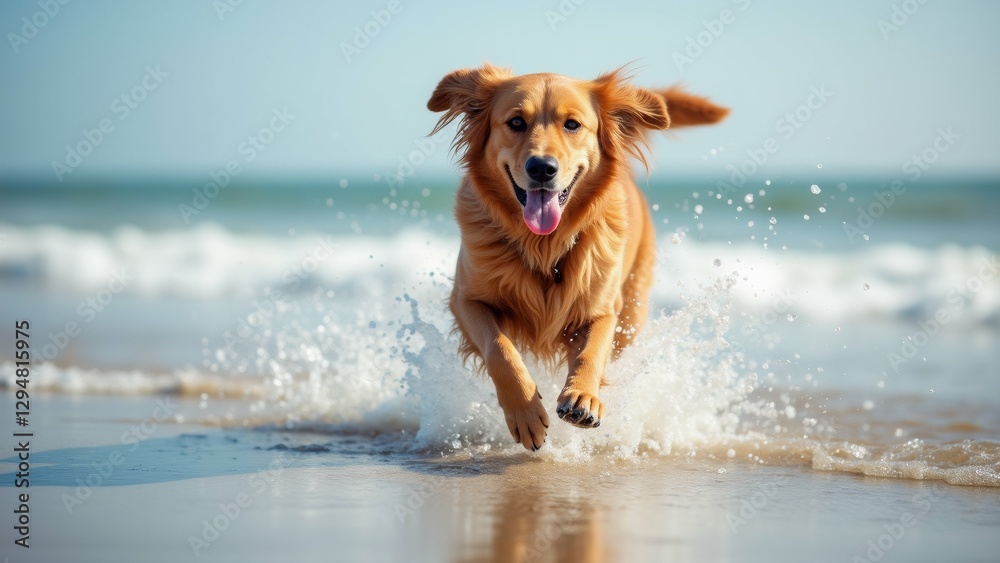 golden retriever dog running beach dog mid stride its front legs stretched out its tail wagging water splashing around dog runs background clear blue sky ocean seen distance sun shining brightly golden retriever dog running beach dog mid stride its front legs stretched out its tail wagging water splashing around dog runs background clear blue sky ocean seen distance sun shining brightly