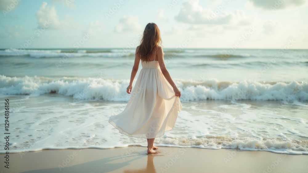 young woman walking beach she wearing long white dress flowing wind woman has long blonde hair facing away camera ocean visible background small waves crashing onto shore sky blue white clouds young woman walking beach she wearing long white dress flowing wind woman has long blonde hair facing away camera ocean visible background small waves crashing onto shore sky blue white clouds
