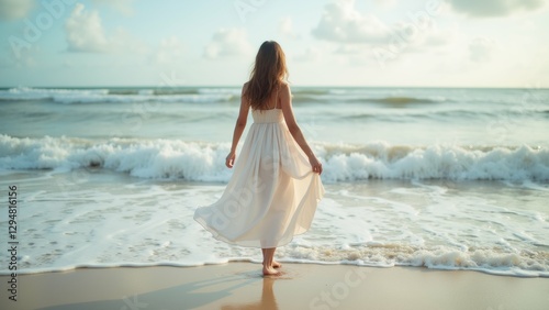 young woman walking beach she wearing long white dress flowing wind woman has long blonde hair facing away camera ocean visible background small waves crashing onto shore sky blue white clouds