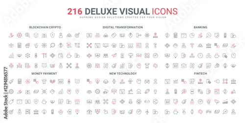 Fintech and decentralized system, virtual money payment and bank investment, cryptocurrency line icon set. Blockchain, new technology, privacy thin black and red outline symbols vector illustration