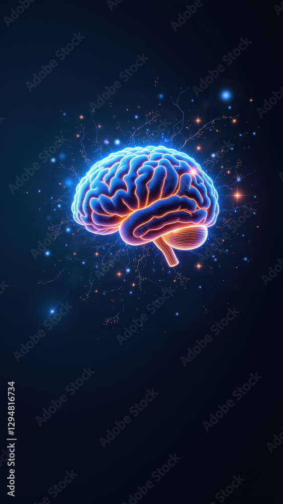 Fototapeta premium A visual metaphor for artificial general intelligence featuring a human brain with digital sparkles.