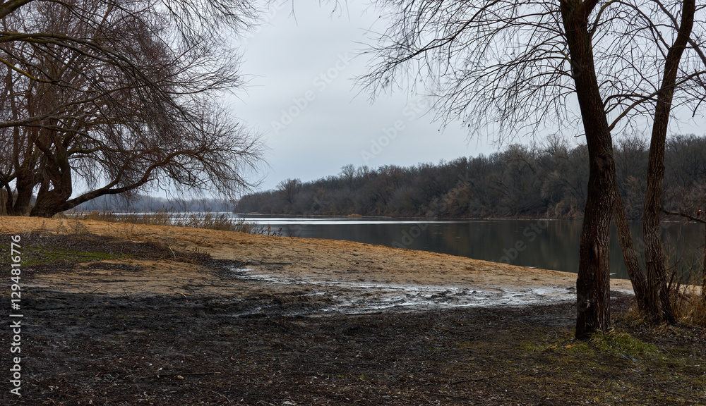 A small sandy beach on the riverbank, deep autumn, cold, trees are bare, beautiful rural landscape A small sandy beach on the riverbank, deep autumn, cold, trees are bare, beautiful rural landscape