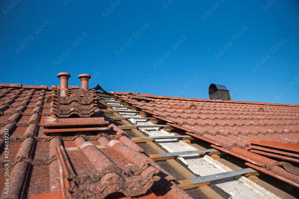 Partially uncovered house roof to replace the old roof tiles. two ventilation chimneys above Partially uncovered house roof to replace the old roof tiles. two ventilation chimneys above