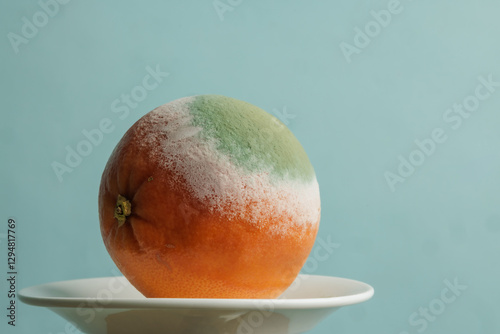 Extreme close-up of a moldy orange covered in green and white fungus, showing food spoilage and decomposition in detail.