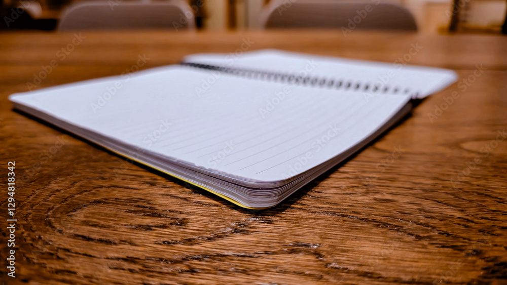 Fototapeta premium Open lined notebook and ballpoint pen on wooden table for study concept