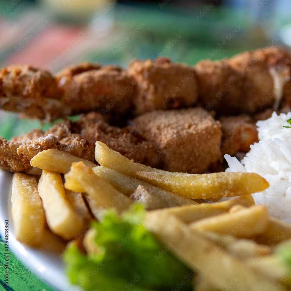 Brazilian dish made with rice, French fries and breaded meat Brazilian dish made with rice, French fries and breaded meat