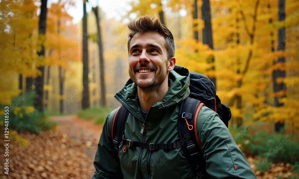 Hiker Surrounded by a Vibrant Fall Forest on an Autumn Trail Hiker Surrounded by a Vibrant Fall Forest on an Autumn Trail