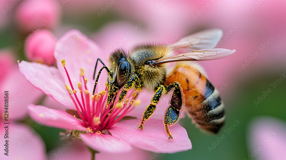 Honeybee on Pink Flower in Garden Honeybee on Pink Flower in Garden