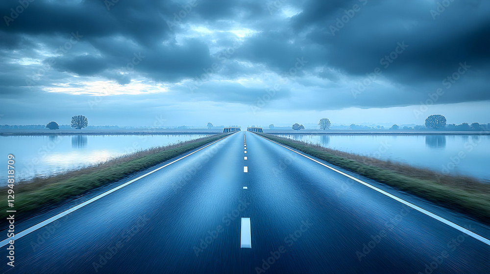 Fototapeta premium Misty Morning Road Through Flooded Fields
