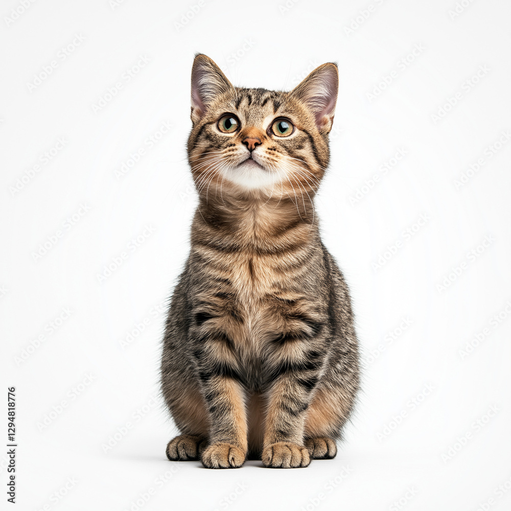 Obraz premium Kätzchen sitzt neugierig auf hellem Hintergrund und schaut zur Kamera