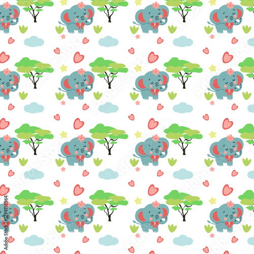 Pattern con piccoli e graziosi elefanti nella savana