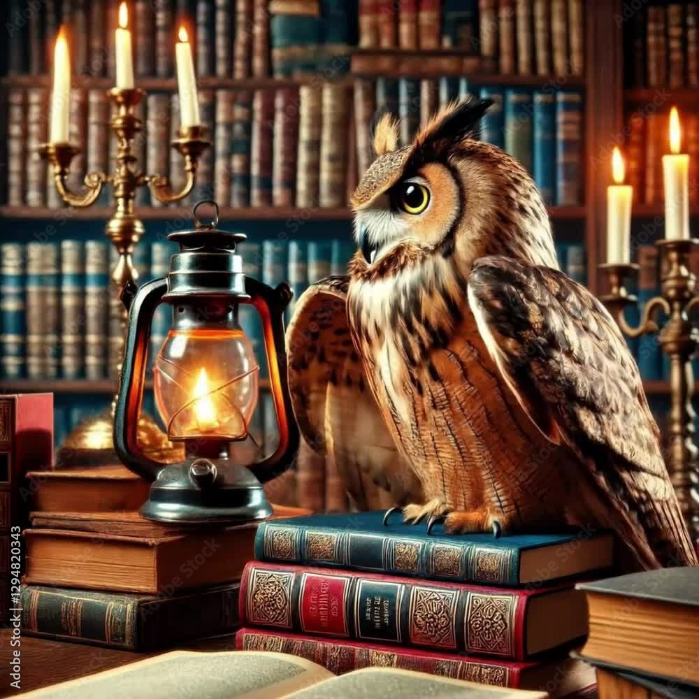 An owl sits in a cozy library among antique books, illuminated by the soft glow of a kerosene lamp and candles, creating an atmosphere of silence and mystery.