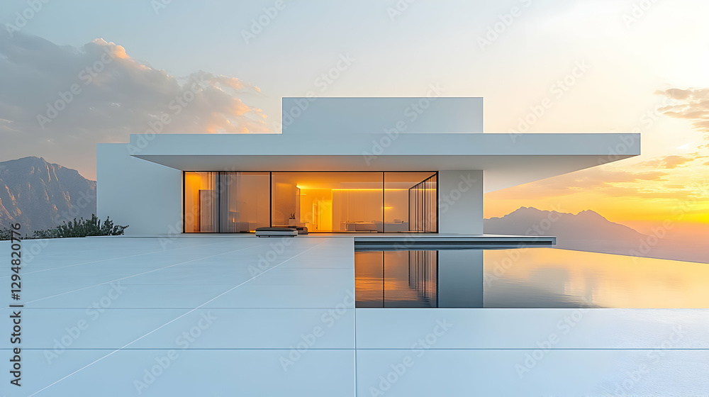 Modern home overlooking pool at sunset Modern home overlooking pool at sunset