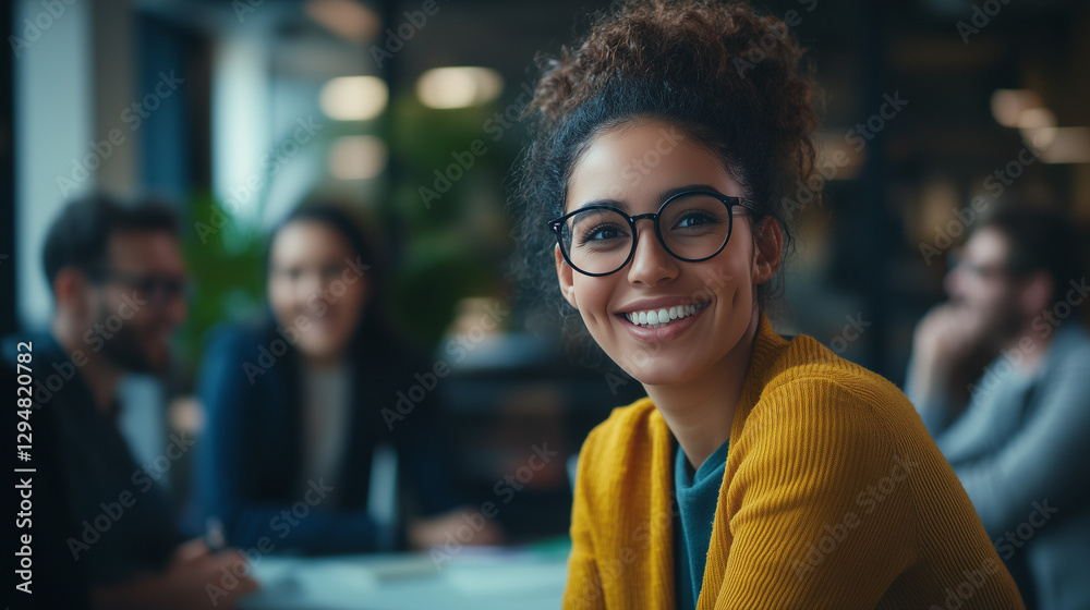 Fototapeta premium Title: Young Latinx Woman Leading Brainstorming Session in Coworking Space