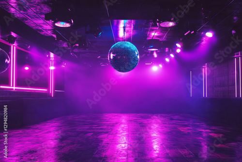 Nightclub interior with empty dance floor, disco ball and spotlights