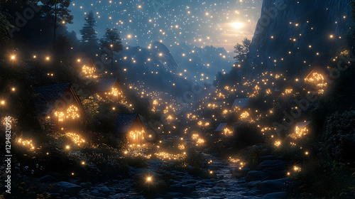 Magical mountain village glows at night