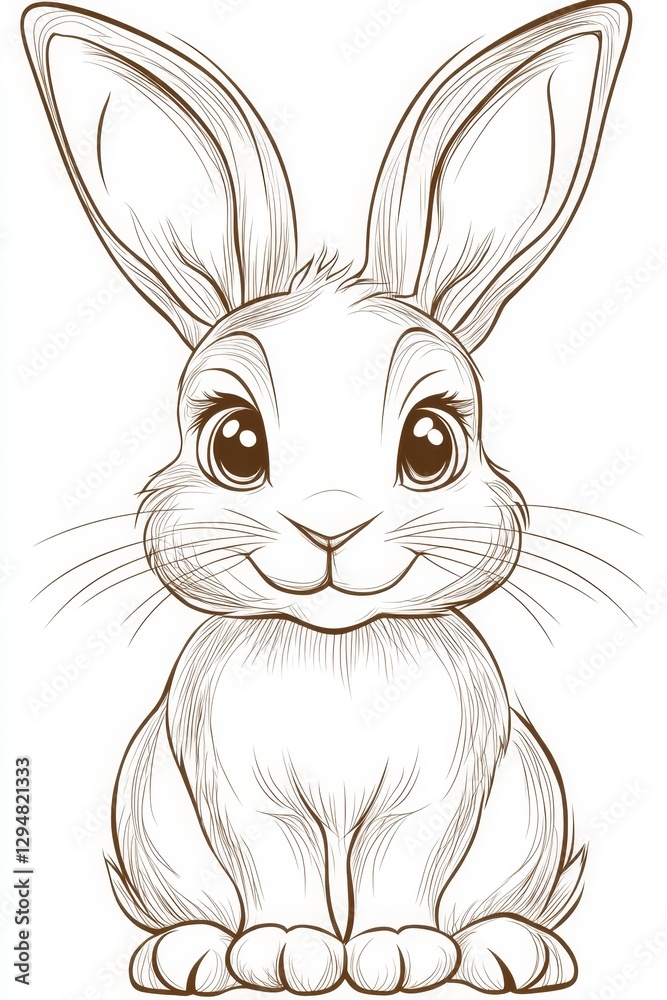 Obraz premium Minimalistic outline drawing of a cute rabbit with large eyes, sitting upright and facing forward