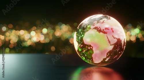 Interconnected Blockchain Nodes on Holographic Globe with AI Innovations in Africa Asia South America Cyberpunk Aesthetic