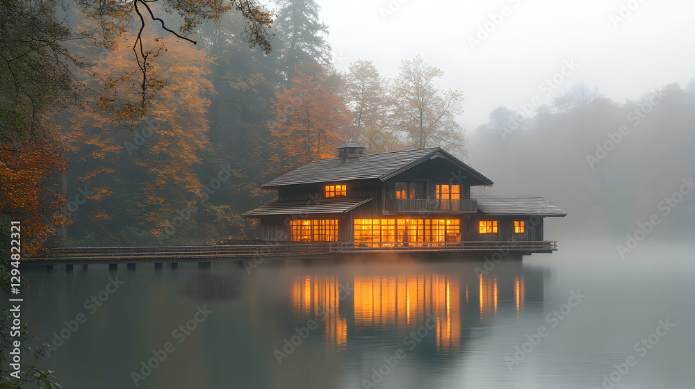 Fototapeta premium Misty Lakeside Cabin at Dawn