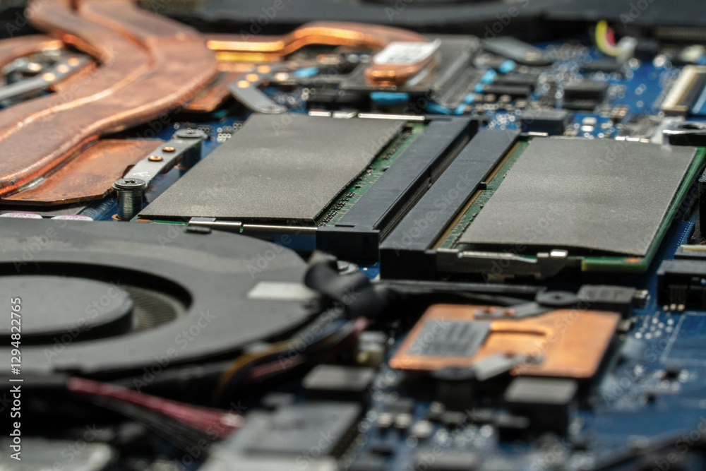 Intricate details of a computer motherboard showcase its processors, memory modules, and cooling elements against a vibrant blue base, emphasizing technology's complexity and design Intricate details of a computer motherboard showcase its processors, memory modules, and cooling elements against a vibrant blue base, emphasizing technology's complexity and design