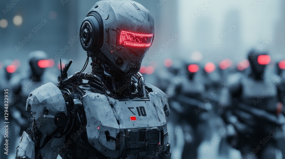 Fototapeta premium A cyborg soldier stands at the forefront of a battalion in a futuristic city. The mechanical features and glowing red visor indicate readiness for a critical mission, immersed in a twilight ambiance