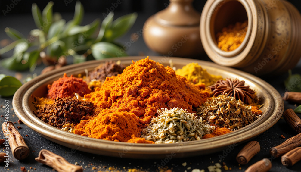 Luxurious arrangement of Moroccan spices on brass plate, culinary elegance Luxurious arrangement of Moroccan spices on brass plate, culinary elegance